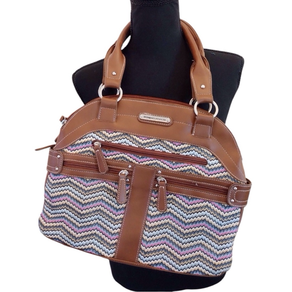 STONE MOUNTAIN USA Handbag Purse Brown Pink Blue Tan Shoulder Tote Bag Zippers